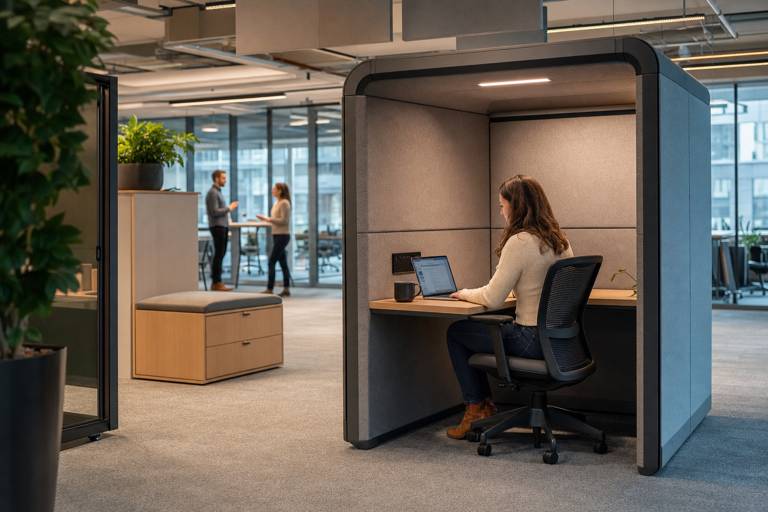 Akoestische werkplek in open kantoor