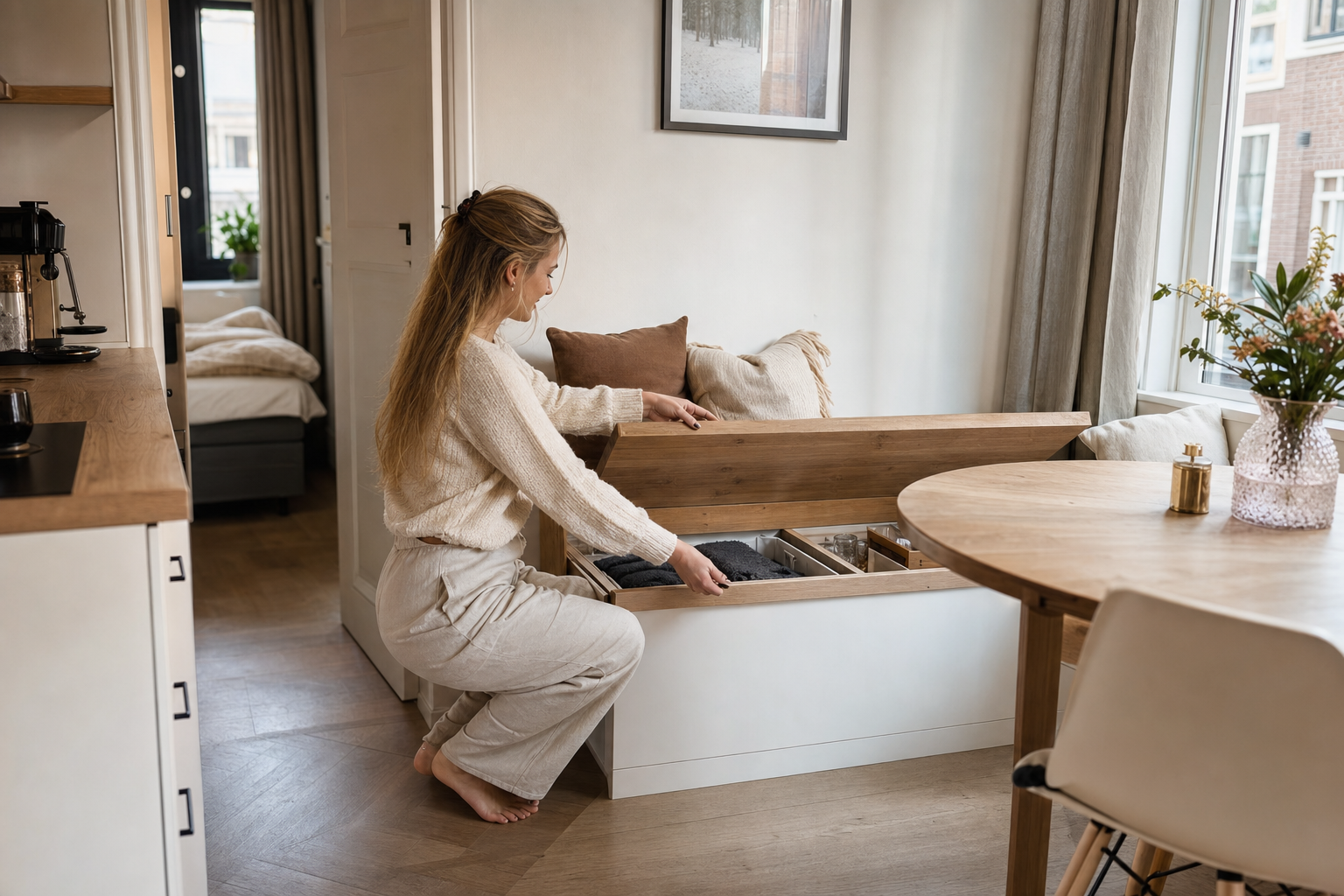 Wandbank op maat met opbergruimte