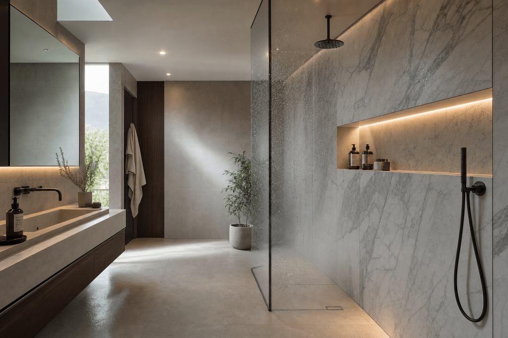 Is een wand paneel marmer geschikt voor de badkamer of douche, en waar moet je op letten bij waterdichting en montage?