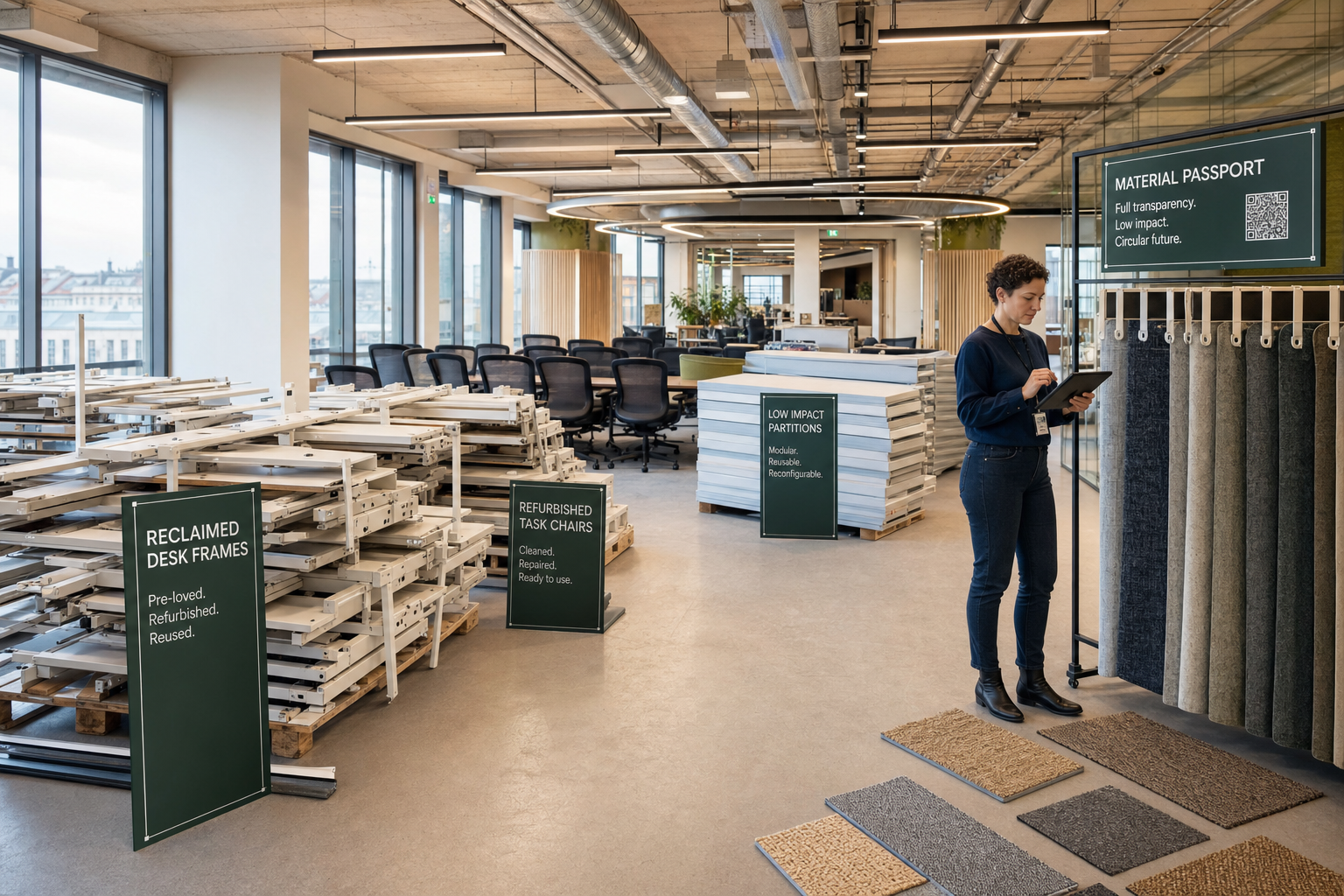 Circulaire kantoorinrichting met hergebruikte meubels