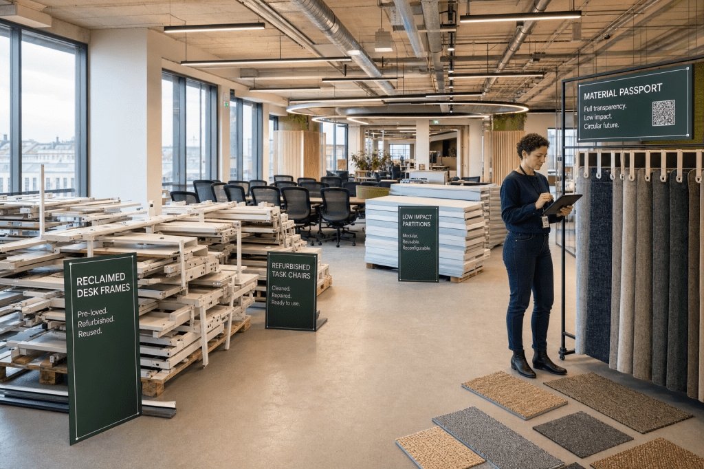 Hoe maak je een bestaande kantoorruimte circulair met duurzame projectinrichting, van hergebruik van meubels tot materiaalkeuze met lage milieubelasting?